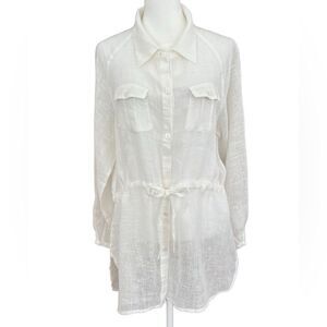 Irene Van Ryb white 100% linen drawstring waist tunic, long sleeves, size 42.